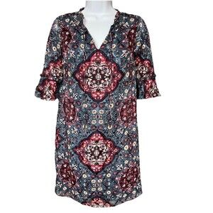 White House Black Market Boho Dress XXS Blue Medallion Tassel Ruffle Sleeve